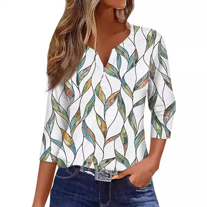 Women's V-neck Three-button 34 Sleeve Solid Color Gradient Floral Top