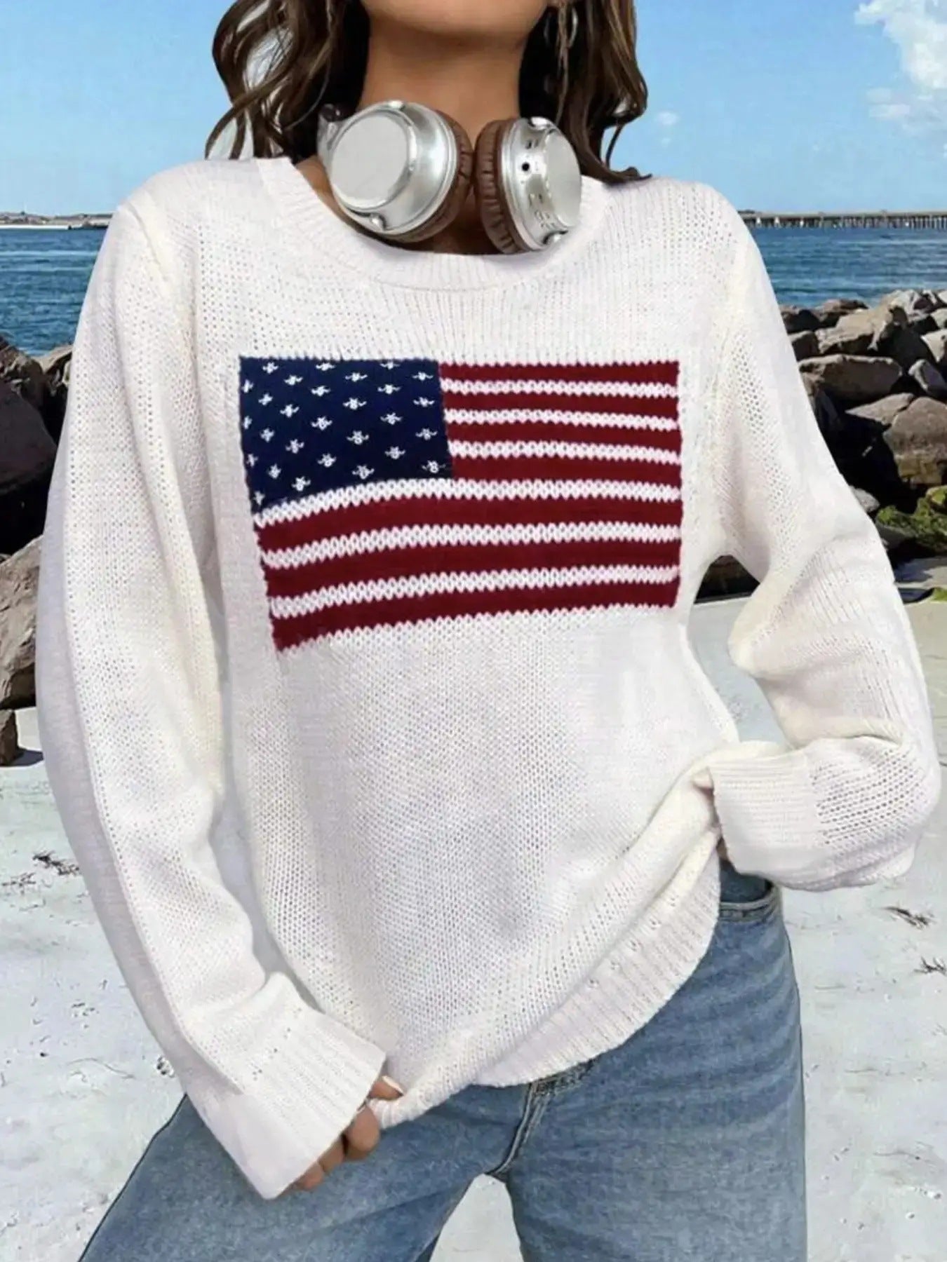 Pull à manches longues et col rond rétro pour femme