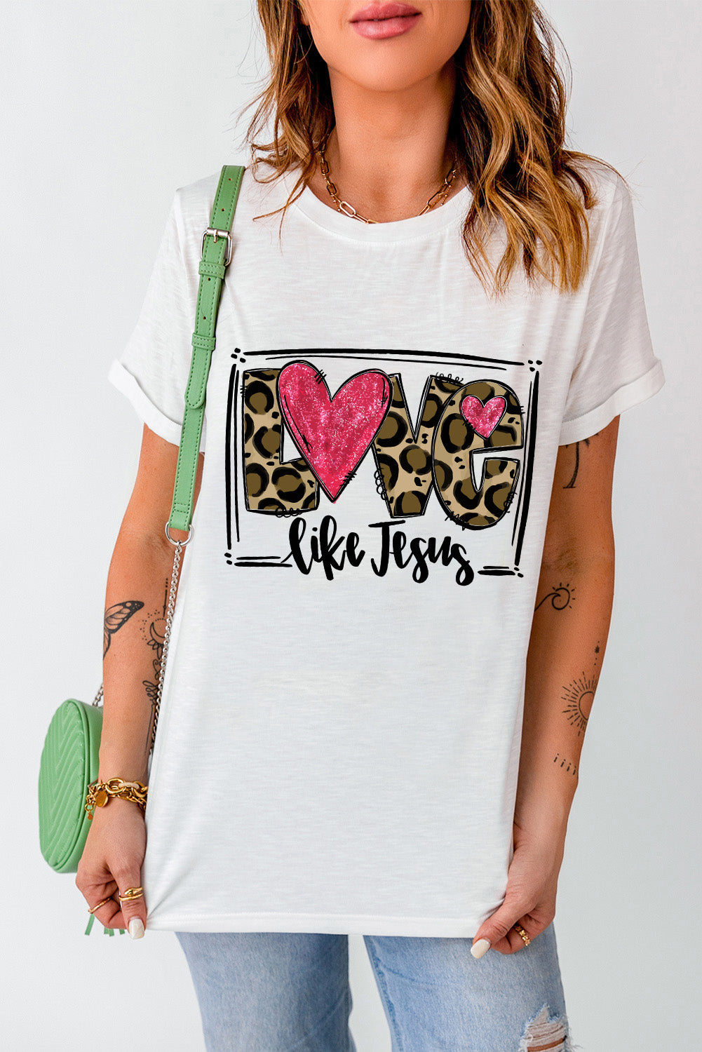 White LOVE Like Jesus Graphic Crew Neck Graphic Tee