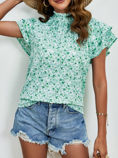 Blusa con mangas con volante y cuello simulado con estampado floral de florecitas