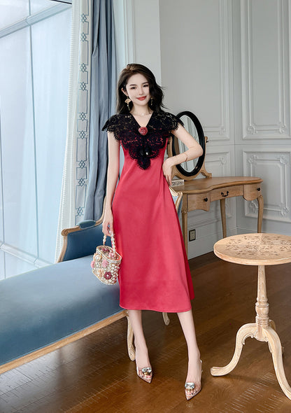 Women's Satin Lace Stitching Ruffle Sleeve Dress