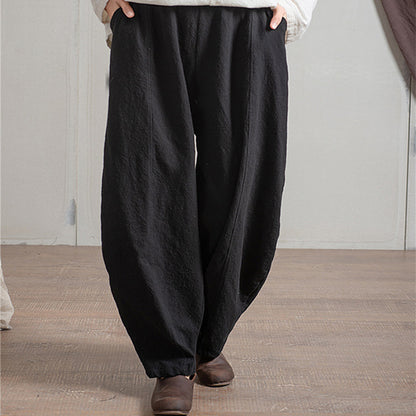 Women's Simple Casual Cotton Linen Harem Wide-leg Trousers Elastic Waist Pants