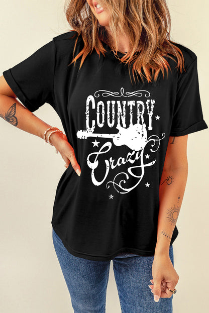 T-shirt noir à col ras du cou avec graphisme fou de musique country