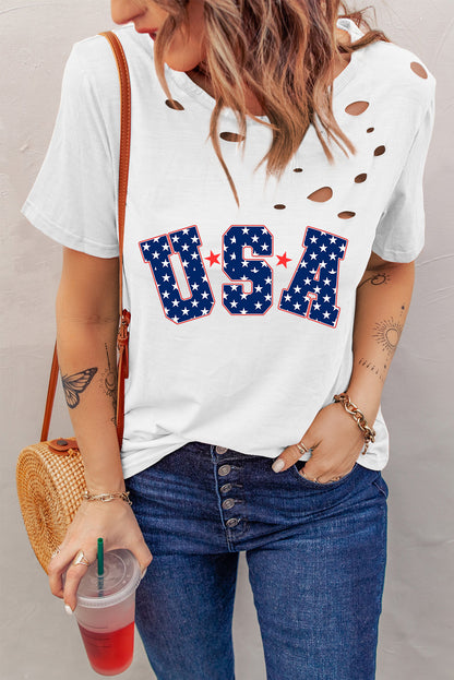 White Star USA Graphic Ripped Detail T Shirt