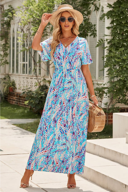 Robe portefeuille longue à manches courtes et col en V, imprimé abstrait Boho Rose, vente en gros