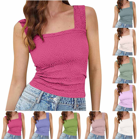 Women's High Elastic Tight Jacquard Square Collar Sleeveless Vest Top