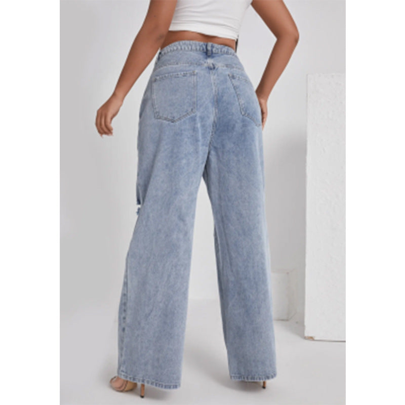 Pantalon droit en denim avec trou taille haute pour femme