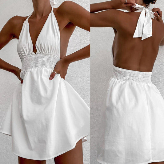 Deep V-neck Lace Up Waist-controlled White Dress With Chest Pad