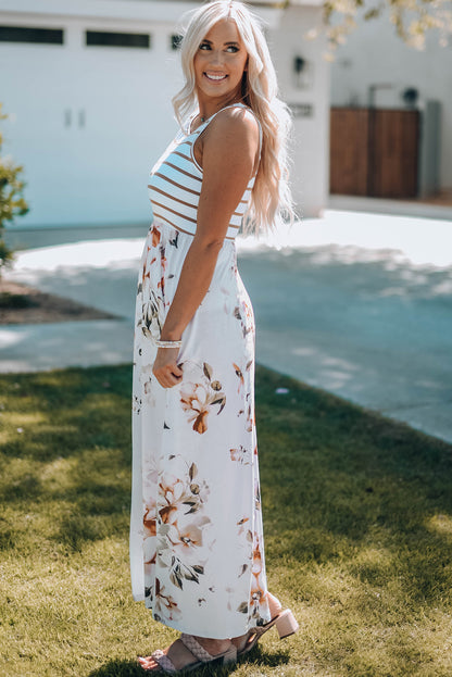 Robe longue blanche sans manches à imprimé floral et à rayures avec poche