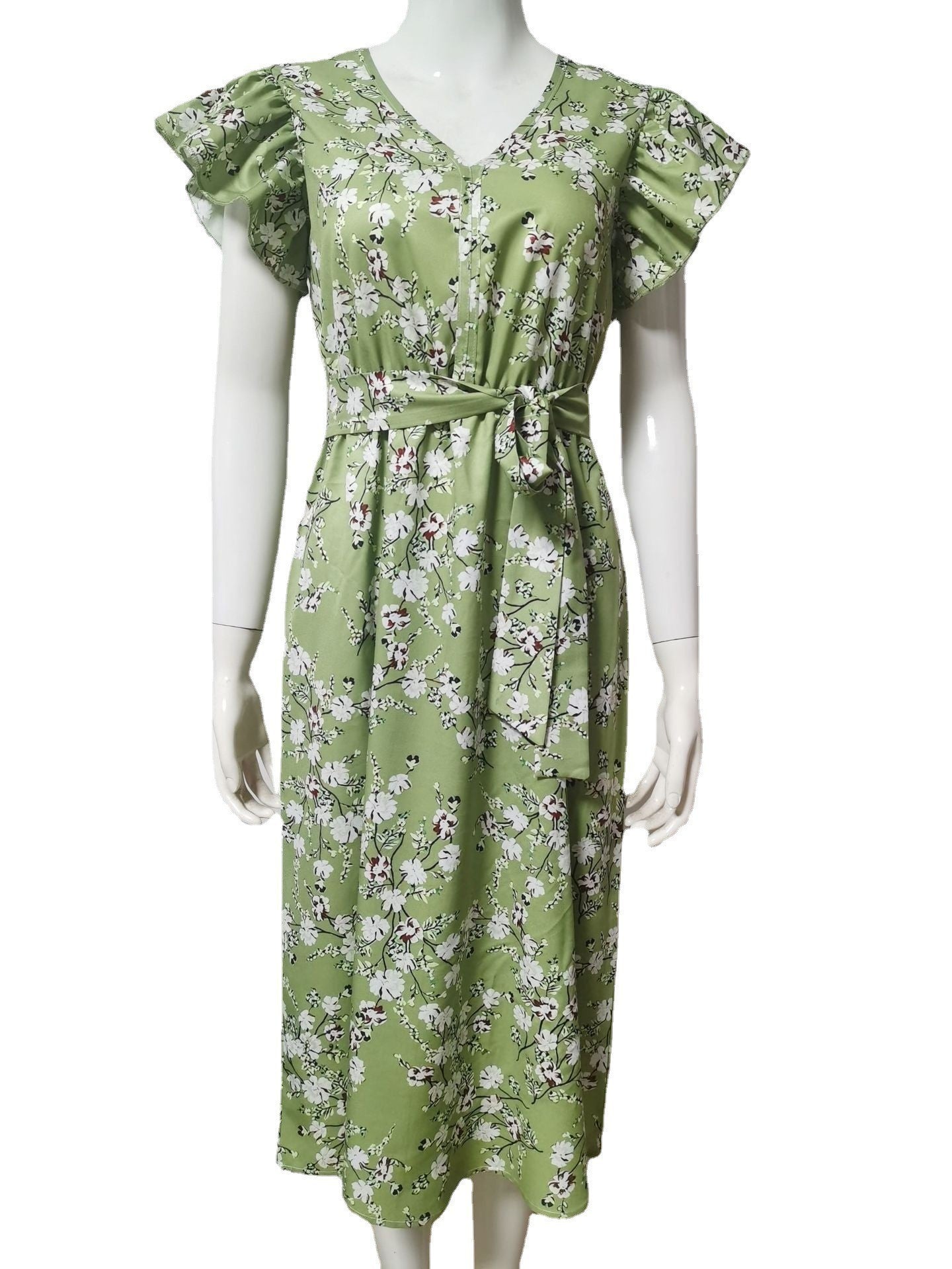 Robe d'été à imprimé slim et col en V avec manches en feuille de lotus