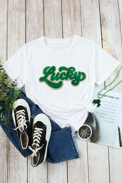 T-shirt graphique blanc St Patrick Lucky Chenille à paillettes patchées