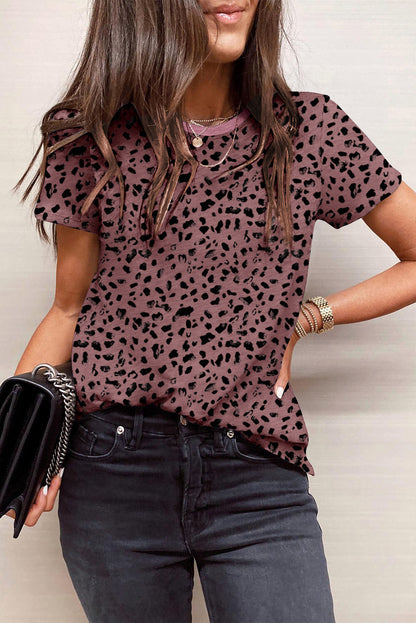 Apricot Cheetah Print O-neck Short Sleeve T Shirt