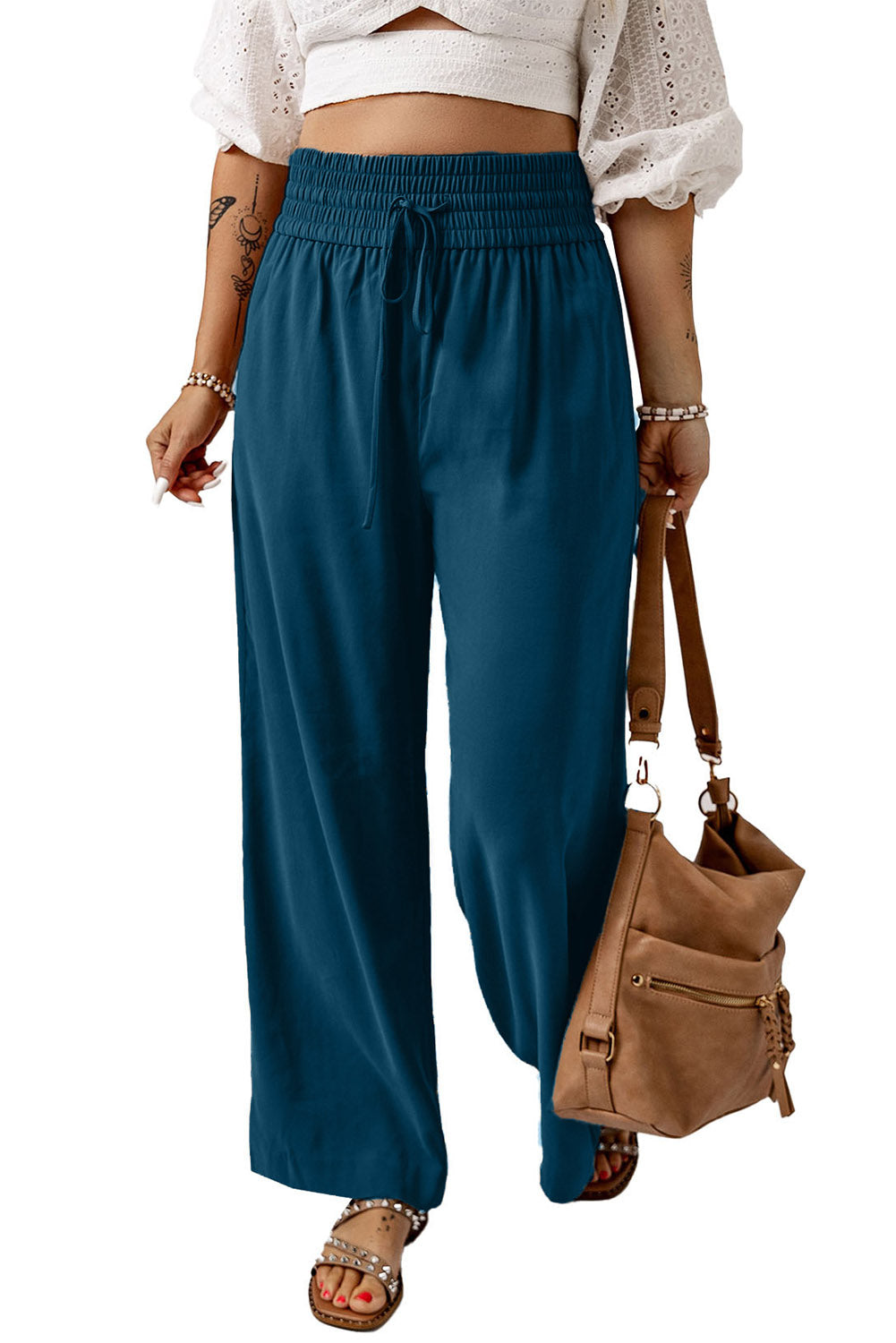 Black Drawstring Elastic Waist Casual Wide Leg Pants