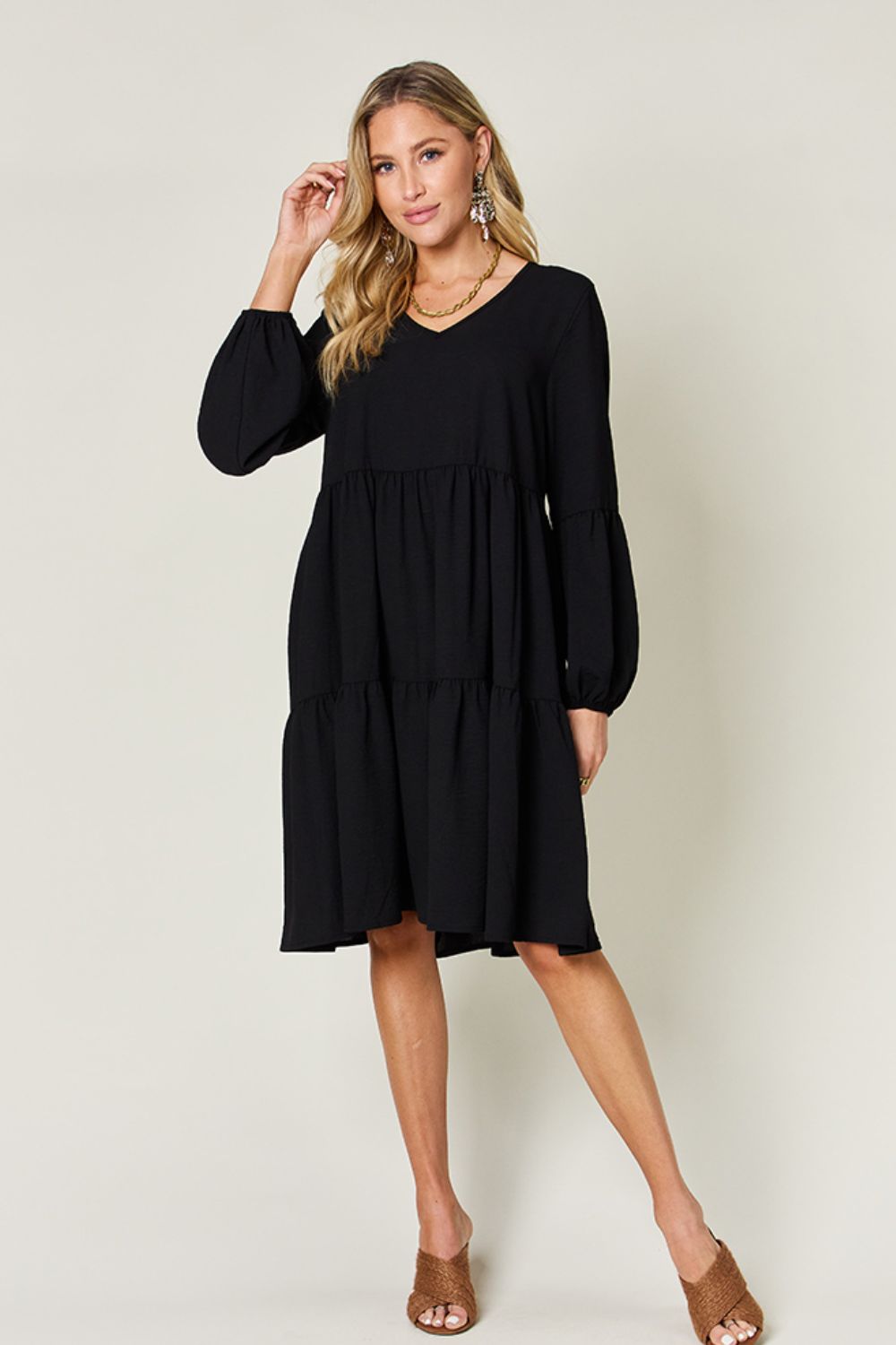 Double Take Full Size V-Neck Balloon Sleeve Tiered Dress