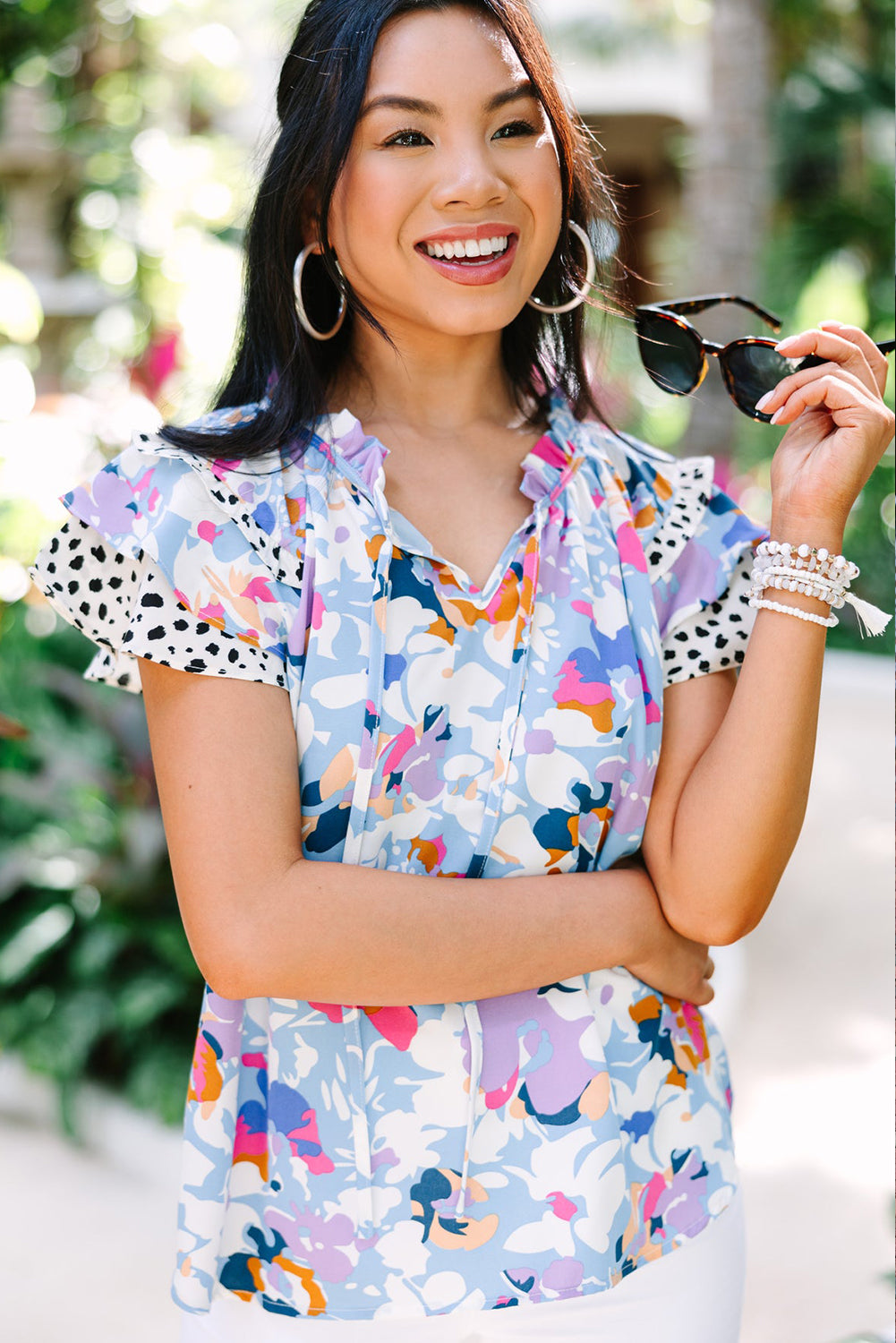 Black Floral Print Ruffle Flutter Sleeve Tied V Neck Blouse