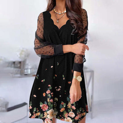 Casual Lace Long Sleeve Wave V-neck Dress