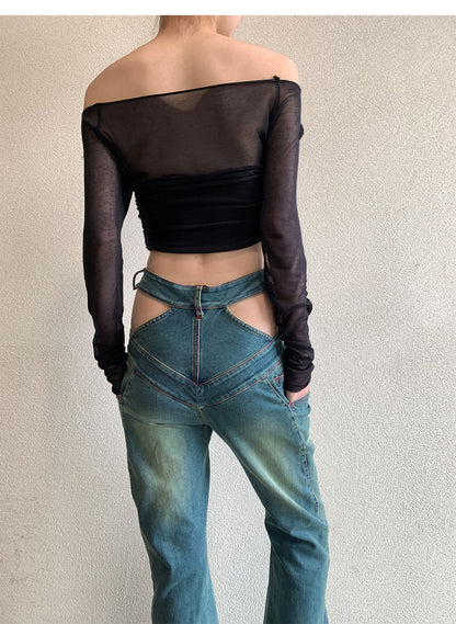 Pantalon à cloche en Denim pour fille, coupe Slim, taille haute, avec patte plissée, tendance