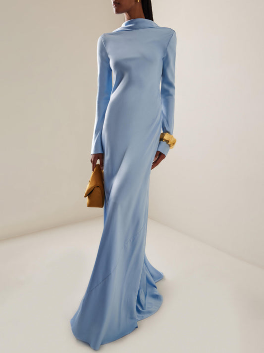 Satin Open-back Long-sleeved Maxi Dress