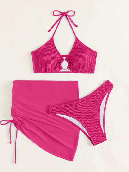 Tied Halter Neck Three-Piece Swim Set