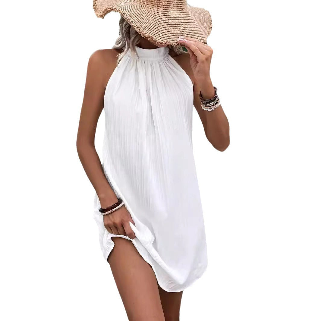 Summer High-end Sleeveless European And American Ladies Round Neck Mid-length Pleated Dress