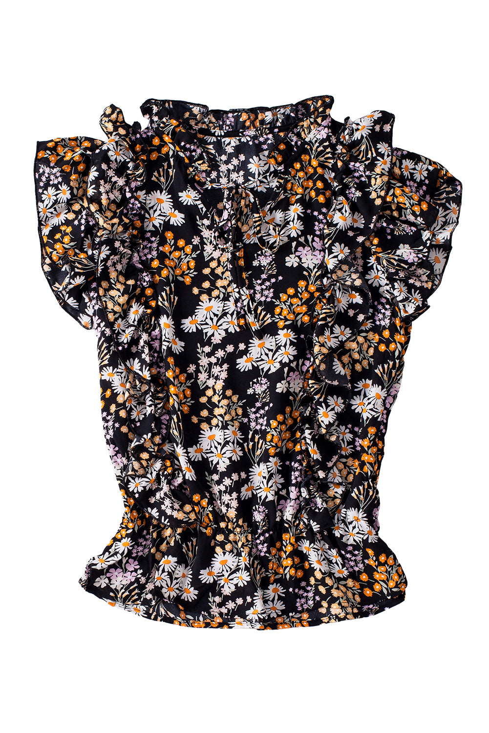 Black Floral Print Ruffle Drawstring V Neck Blouse