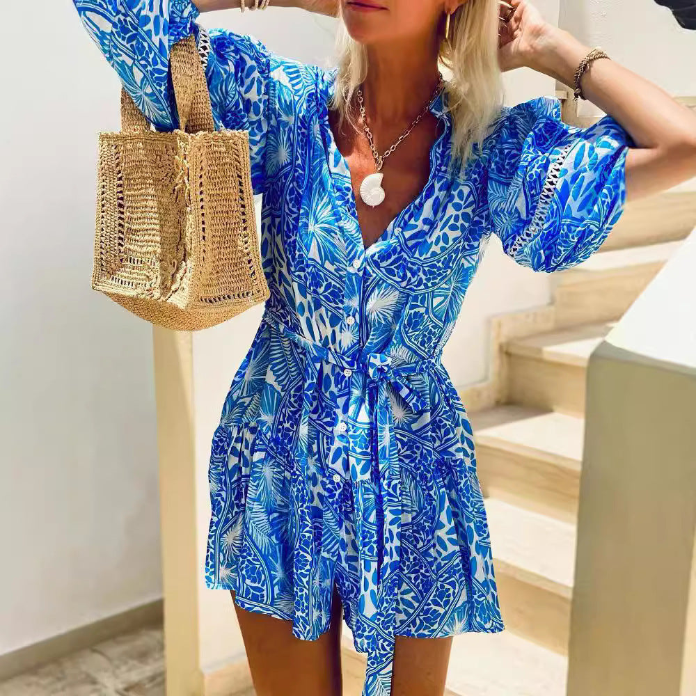 Vestido de playa con cuello alto y estampado recto a la moda para vacaciones