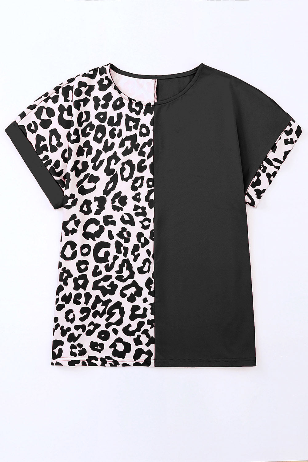 Camiseta casual con estampado de leopardo y manga remangada en bloque de color negra