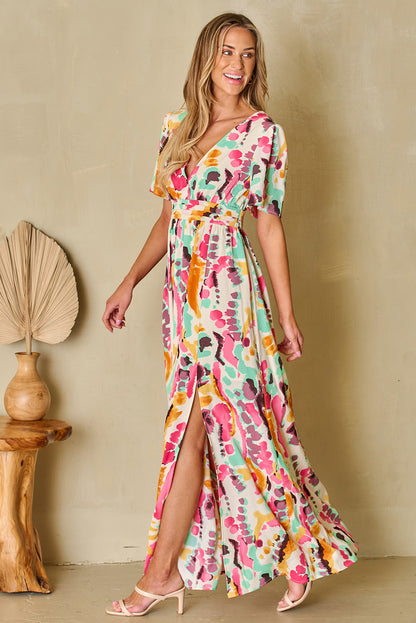 Robe longue à manches courtes et surplis imprimé fendu