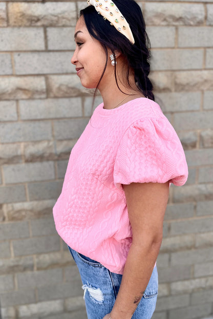 Pink Textured Puff Sleeve Round Neck T-Shirt