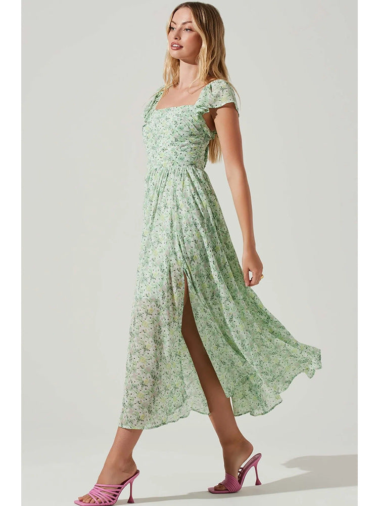 Vestido de longitud media para mujer con temperamento adelgazante y cintura temblorosa verde de moda