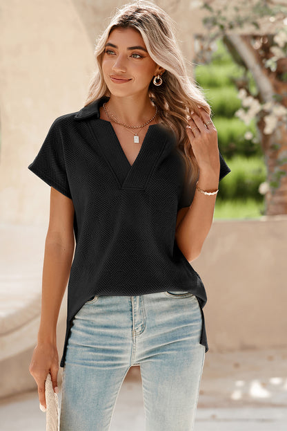 White Textured V Neck Collared Split Hem T Shirt