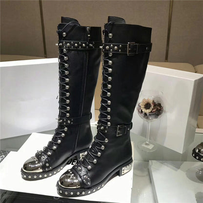 Bottes décontractées à bout de fer et rivets à lacets pour femmes