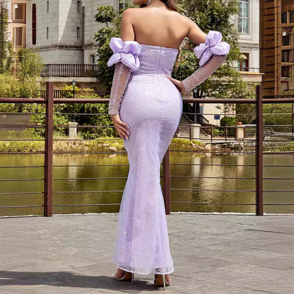 Off-shoulder Tube Top Tight Pleated Mesh Long Sleeve Narrow Dress