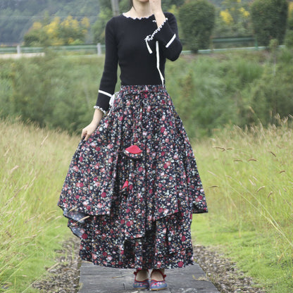 Falda estampada de algodón y lino de mujer de estilo étnico