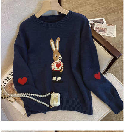 Cute Youth-looking Pullover Cartoon Rabbit Jacquard Long-sleeved Sweater