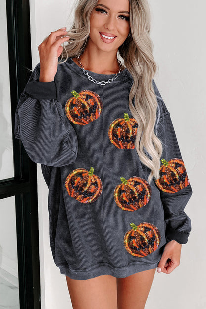 Sudadera holgada con cordones y estampado de Jack O Lantern con lentejuelas gris