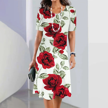 Lindo vestido de temperamento holgado de manga corta con cuello redondo y estampado digital 3D de flores y lunares en talla grande