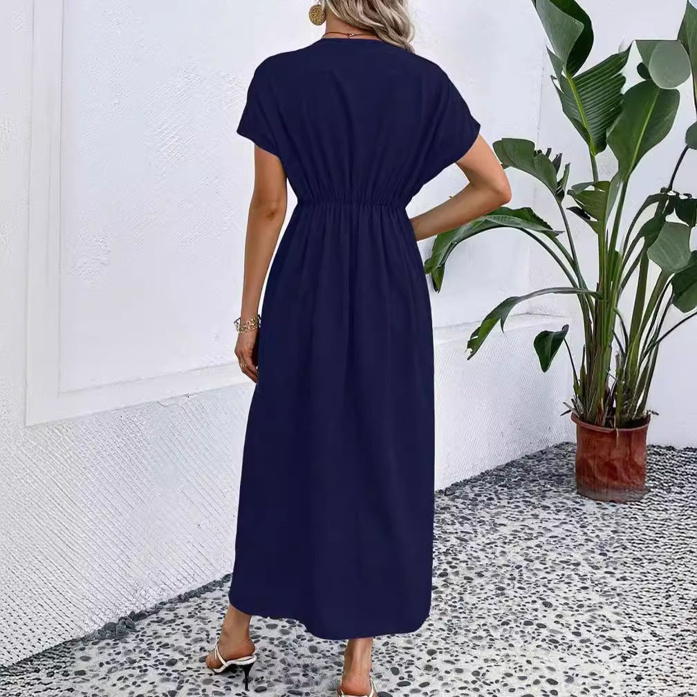 Robe longue de couleur unie, manches à épaules en V profondes, taille élastique pliante