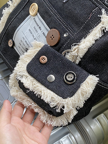 Sac fourre-tout en denim à franges et boutons américains vintage