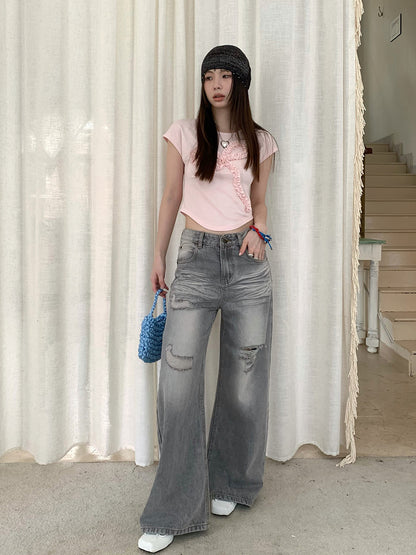 Women's Stylish Ripped Wide-legged Denim Trousers