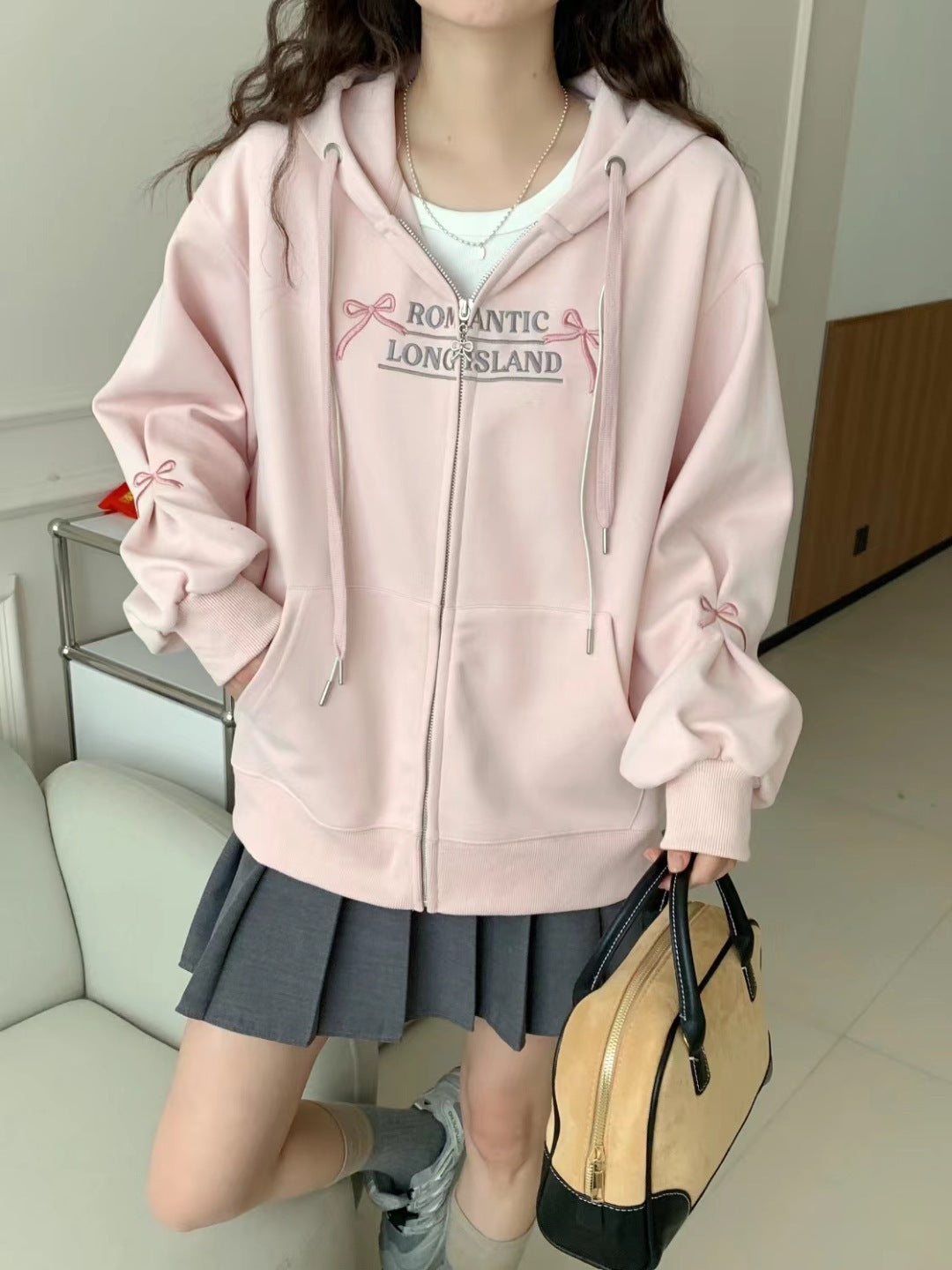 Sweet Style Machine Embroidery Loose Large Zipper Hoodie Coat