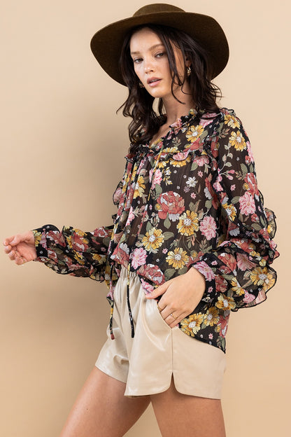 Ces Femme Blouse florale à manches longues et bordure à volants