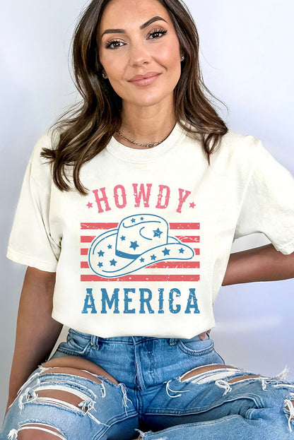 White HOWDY AMERICA Hat Graphic Round Neck T Shirt