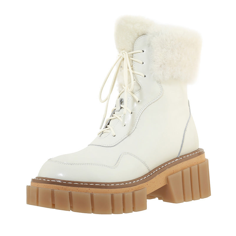 Botas de Nieve Mujer Piel Suela Gruesa Lana Beige