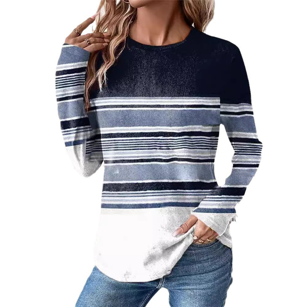 Women's Flower Striped Printed Long Sleeves T-shirt Loose Plus Size Women's Clothing