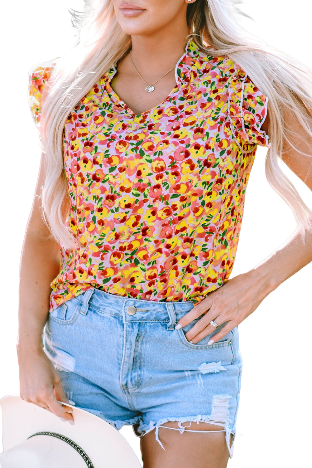 Yellow Floral Print Flutter Sleeve V Neck Tank Top