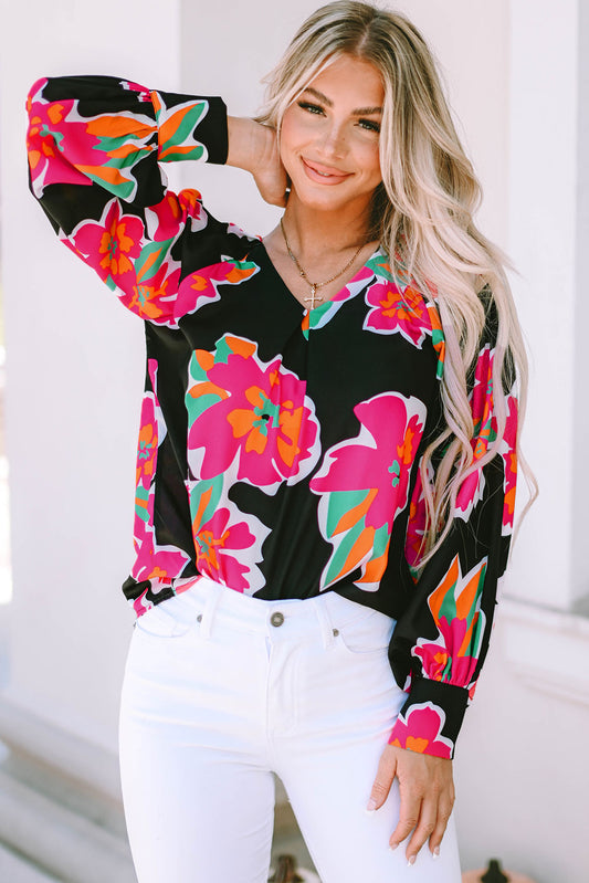 Black Flower Print Puff Sleeve Blouse