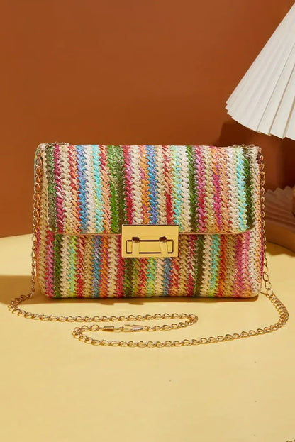 Apricot Striped Crochet Flapped Shoulder Bag