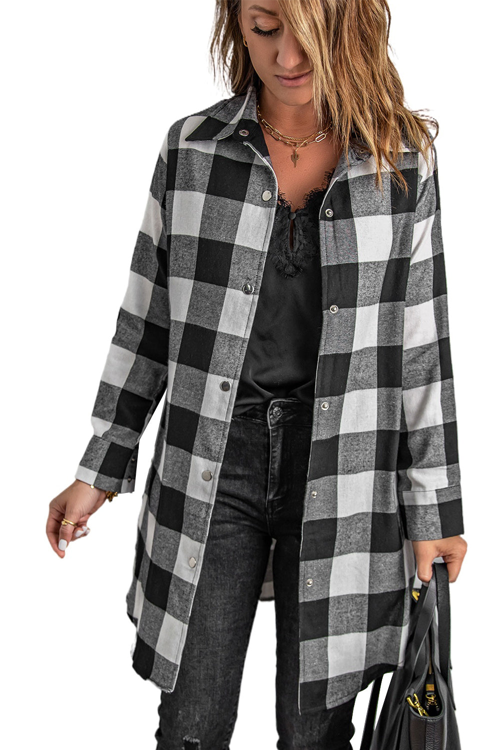 Green Turn-down Collar Plaid Shirt Coat