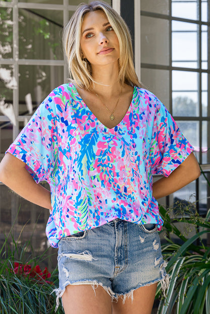 Pastel Blue Abstract Floral Print Short Sleeve V Neck T Shirt